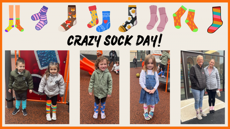 Collage of students and staff wearing crazy socks